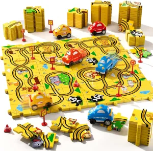 64 PCS Puzzle Race Cars Track Set Toys for Kids Boys, Puzzle Racer Kids Car Track Set Ages 3-5 4-6, Toys Gifts for 3 4 5 Year Old Boys, Ideal 3 4 5 Year Old Boys (Animals)