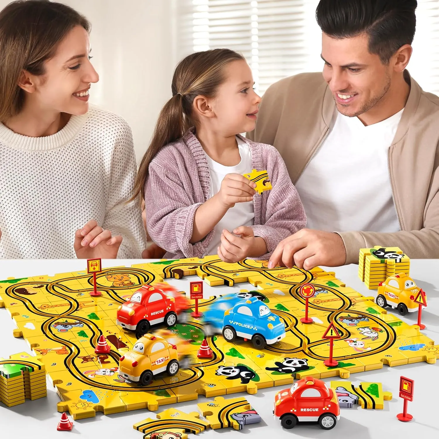 64 PCS Puzzle Race Cars Track Set Toys for Kids Boys, Puzzle Racer Kids Car Track Set Ages 3-5 4-6, Toys Gifts for 3 4 5 Year Old Boys, Ideal 3 4 5 Year Old Boys (Animals)