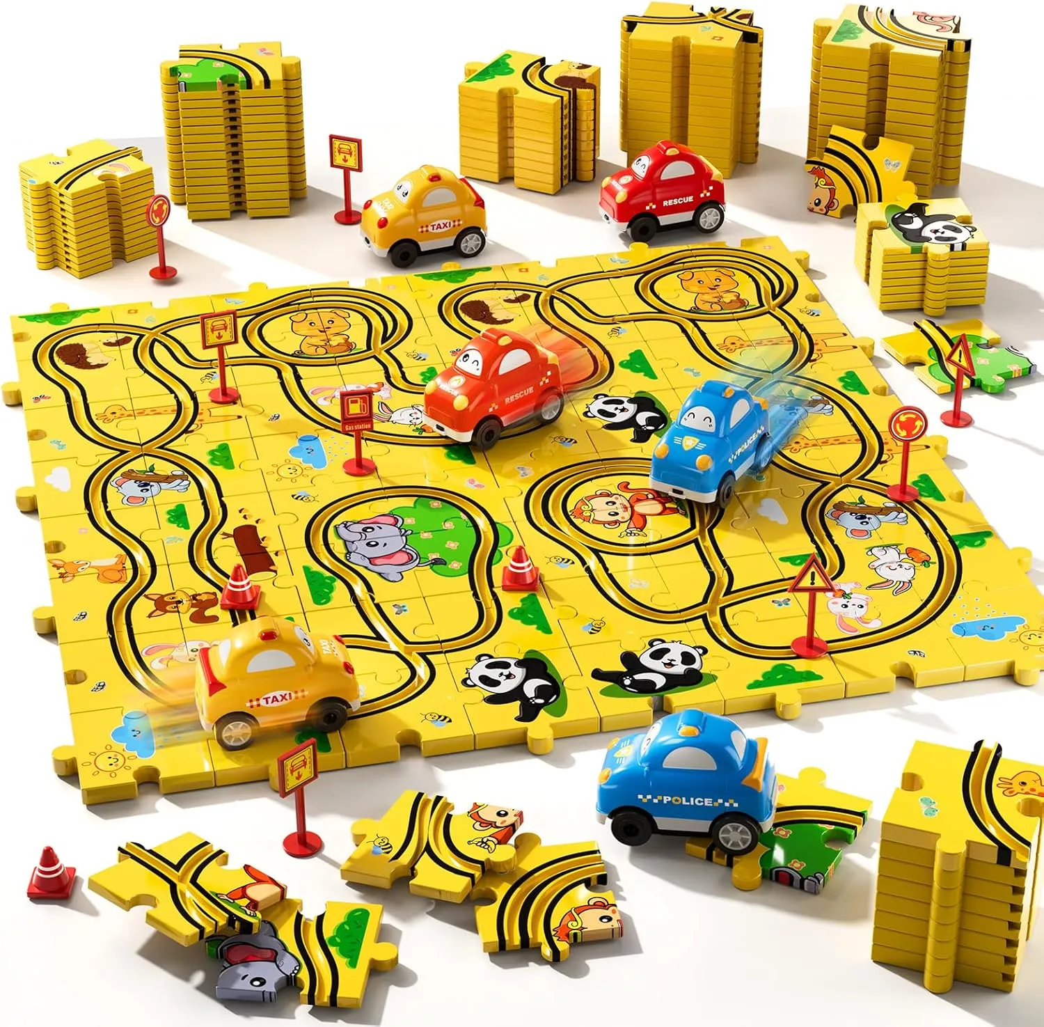 64 PCS Puzzle Race Cars Track Set Toys for Kids Boys, Puzzle Racer Kids Car Track Set Ages 3-5 4-6, Toys Gifts for 3 4 5 Year Old Boys, Ideal 3 4 5 Year Old Boys (Animals)