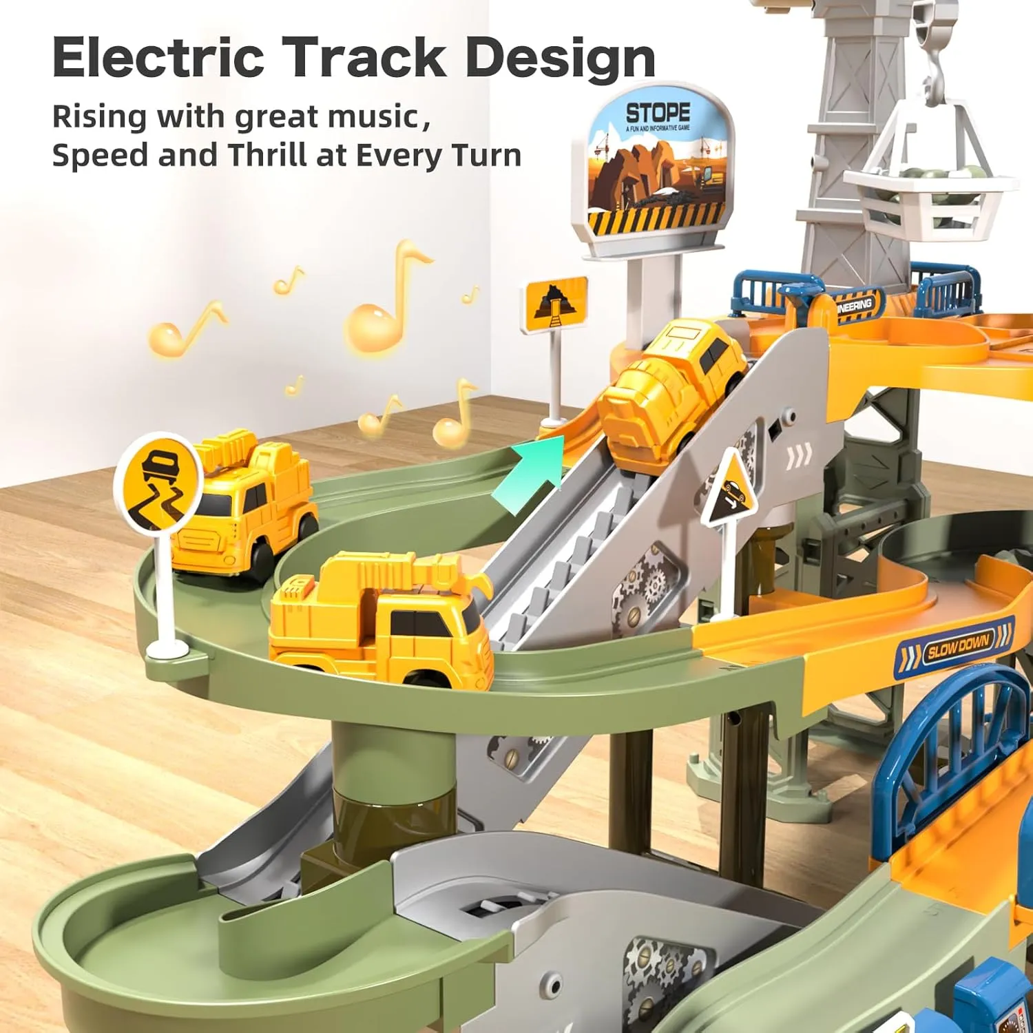 64PCS Engineering Adventure Track Set for Kids 3  - Motorized Climbing Ladder, Rotating Crane, 4 Mini Cars, Interactive Construction Playset with Music - Safe Design, Ideal Gift