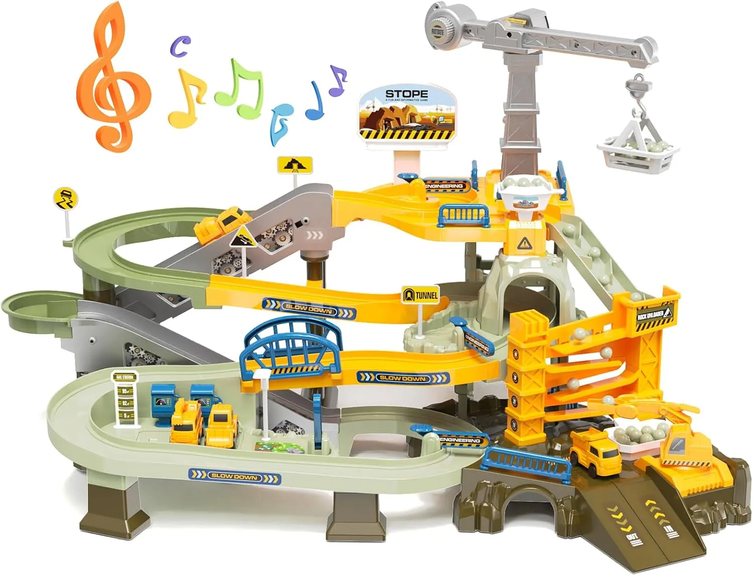 64PCS Engineering Adventure Track Set for Kids 3  - Motorized Climbing Ladder, Rotating Crane, 4 Mini Cars, Interactive Construction Playset with Music - Safe Design, Ideal Gift