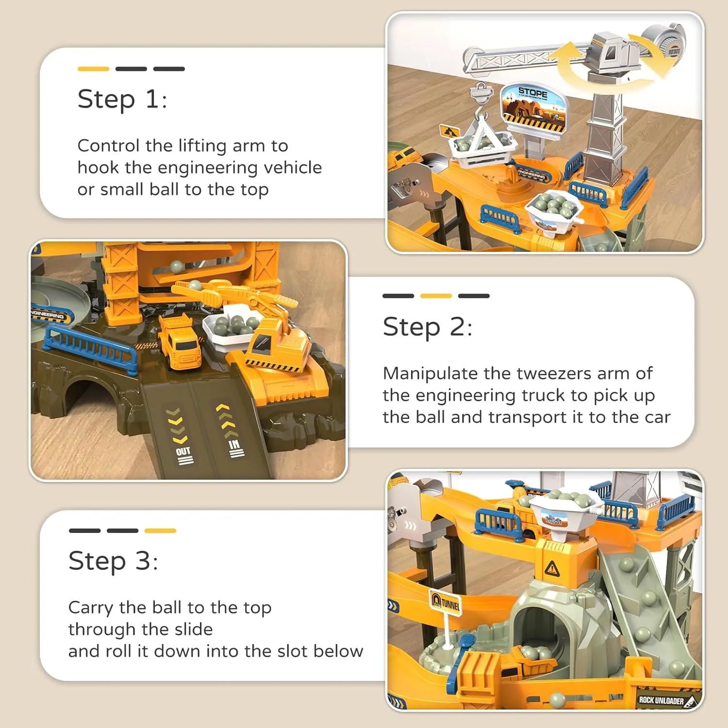 64PCS Engineering Adventure Track Set for Kids 3  - Motorized Climbing Ladder, Rotating Crane, 4 Mini Cars, Interactive Construction Playset with Music - Safe Design, Ideal Gift