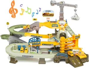 64PCS Engineering Adventure Track Set for Kids 3  - Motorized Climbing Ladder, Rotating Crane, 4 Mini Cars, Interactive Construction Playset with Music - Safe Design, Ideal Gift
