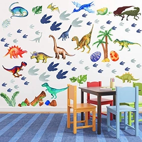 66 Pieces Watercolor Dinosaur Wall Decals Dinosaur Feet Wall Stickers Removable DIY Dinosaur Peel Wild Dinosaur for Kids Baby Bedroom Living Room Bathroom Office Wall Decors