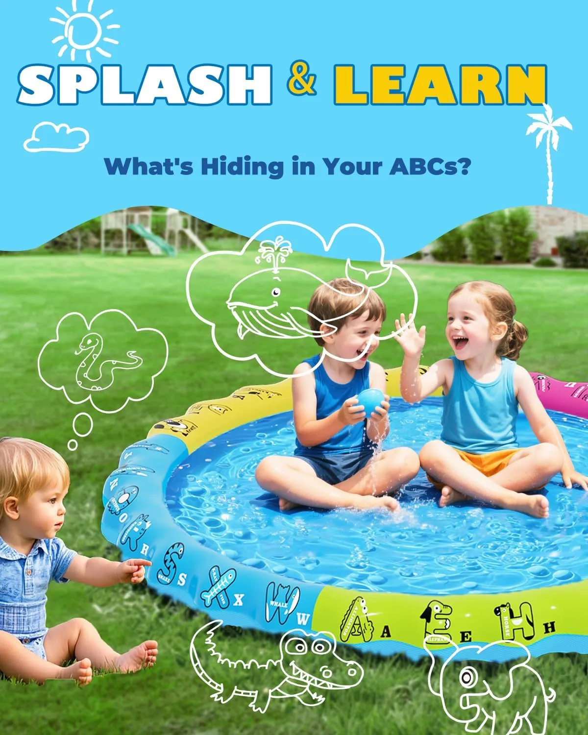 67" 3-in-1 Non-Slip Splash Pads for Toddlers 1-3 & Kids Ages 4-8, Baby Learning Pool, Sprinkler for Kids Summer Outdoor Toys, Water Game Mat with A-Z Letters