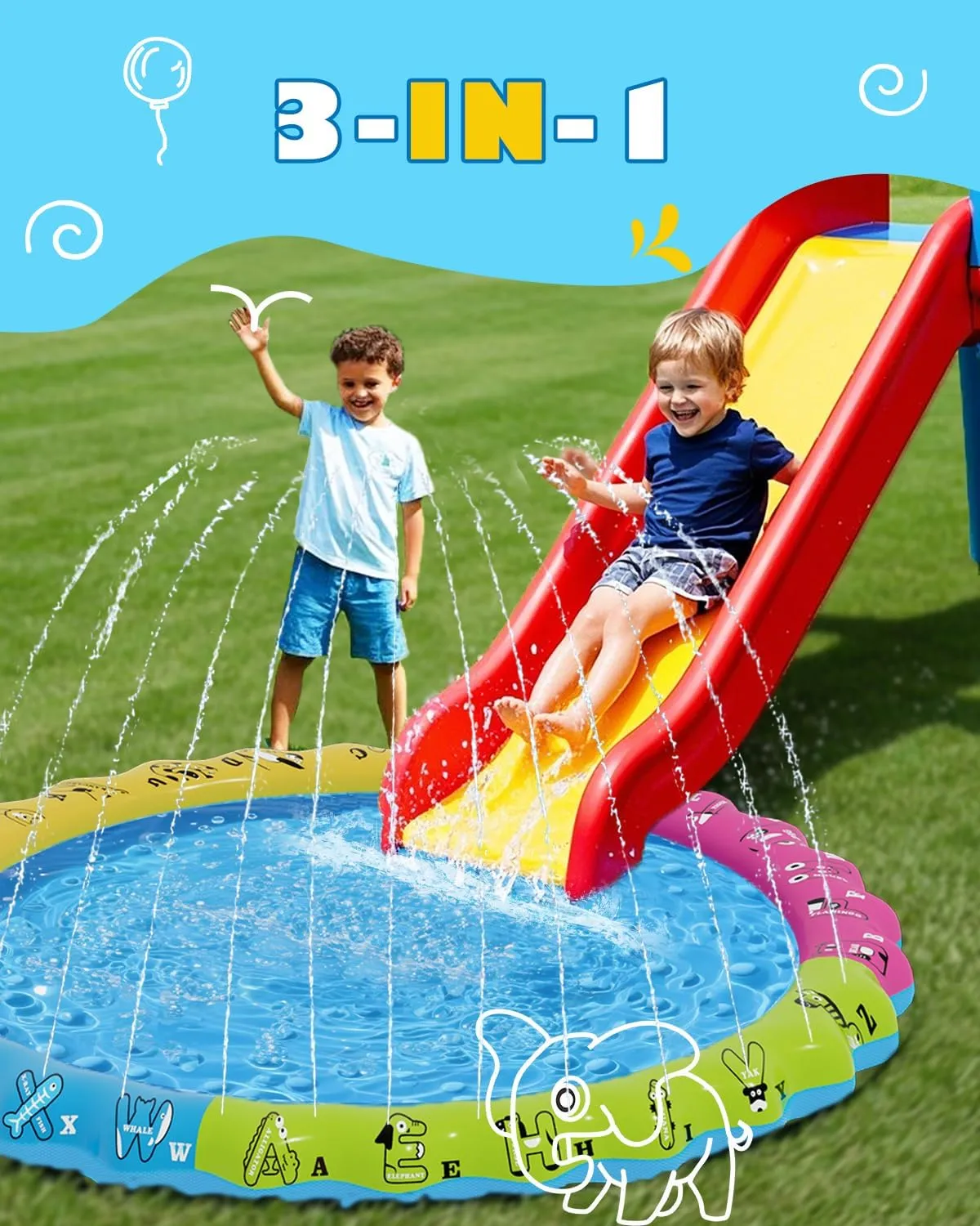 67" 3-in-1 Non-Slip Splash Pads for Toddlers 1-3 & Kids Ages 4-8, Baby Learning Pool, Sprinkler for Kids Summer Outdoor Toys, Water Game Mat with A-Z Letters