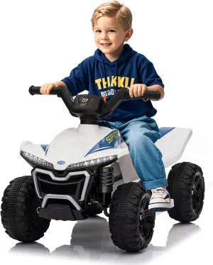 6V ATV for Kids- Electric Car with 4 Wheeler, MP3, LED Light, Spring Suspension, One-Button Start, Foot Accelerator, Electric Ride on Toys for Toddlers Over 18 Months, White
