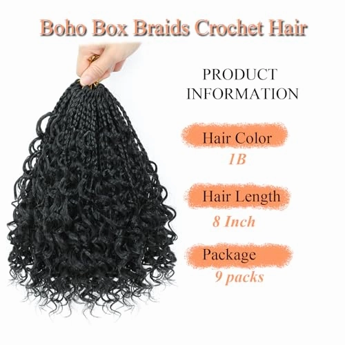 9 Packs Boho Box Braids Crochet Hair 8 Inch Goddess Box Braids Crochet Hair With Curly Ends Pre Looped Synthetic Bohemian Braid Hair Extensions For Women (8 Inch, 1B)