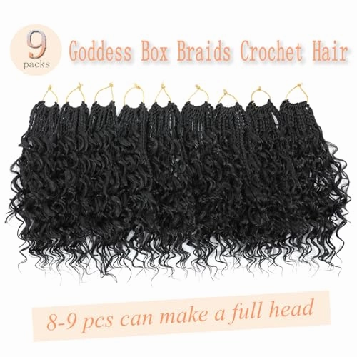 9 Packs Boho Box Braids Crochet Hair 8 Inch Goddess Box Braids Crochet Hair With Curly Ends Pre Looped Synthetic Bohemian Braid Hair Extensions For Women (8 Inch, 1B)
