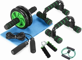 Ab Roller Set of 7 Pieces, Fitness Kit with AB Roller Wheel, Double Wheel Abs, Knee Pads, Figure 8, Rope and Knee Pad for Jumping and Grips - Perfect for Developing Core Strength and Abdominal