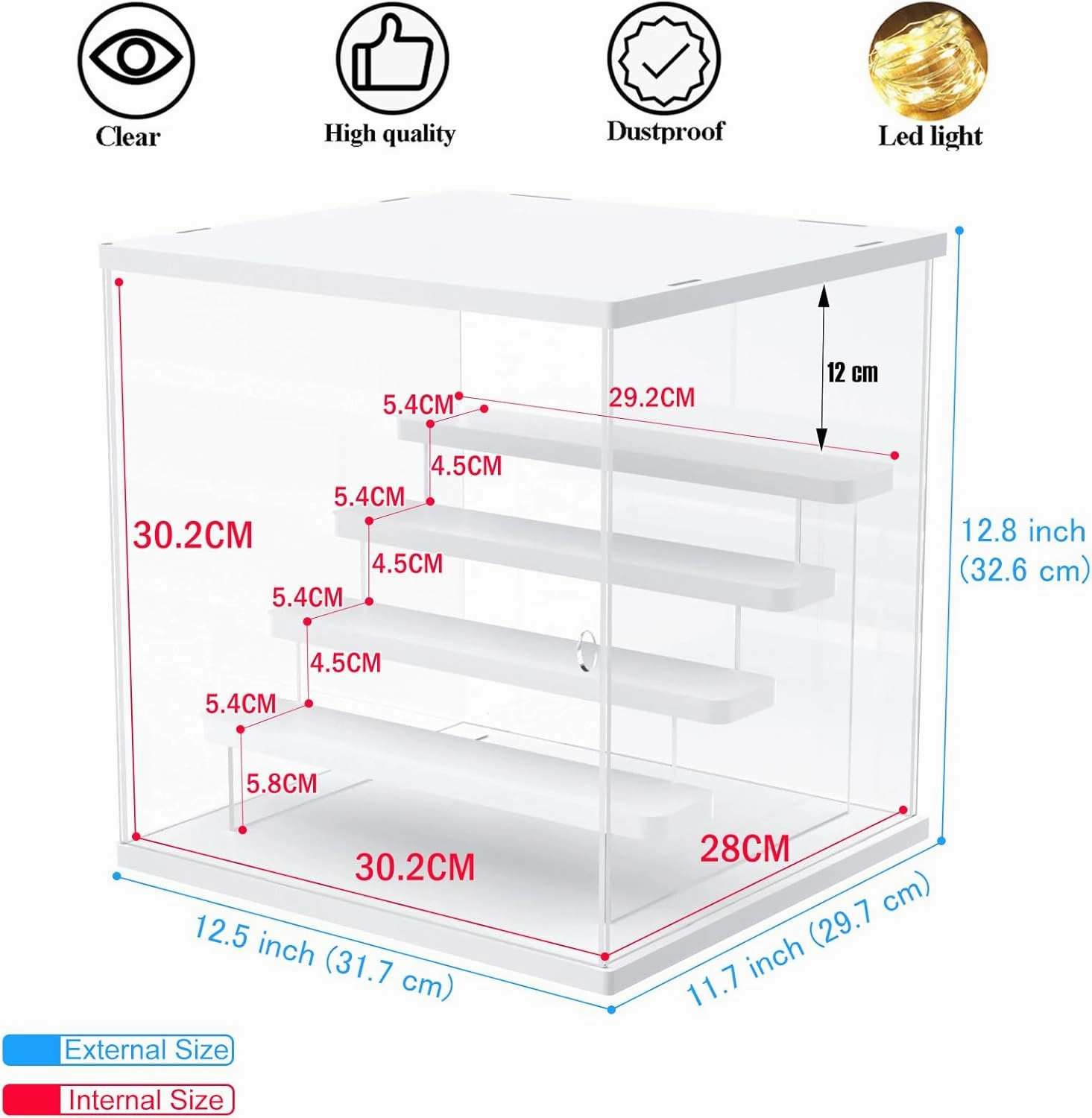 Acrylic Display Case With 5-Tier Figure Stand, Clear Doll Case With Door, Countertop Box for Action Figure Collectibles, Dustproof Storage Organizer With Wooden Base