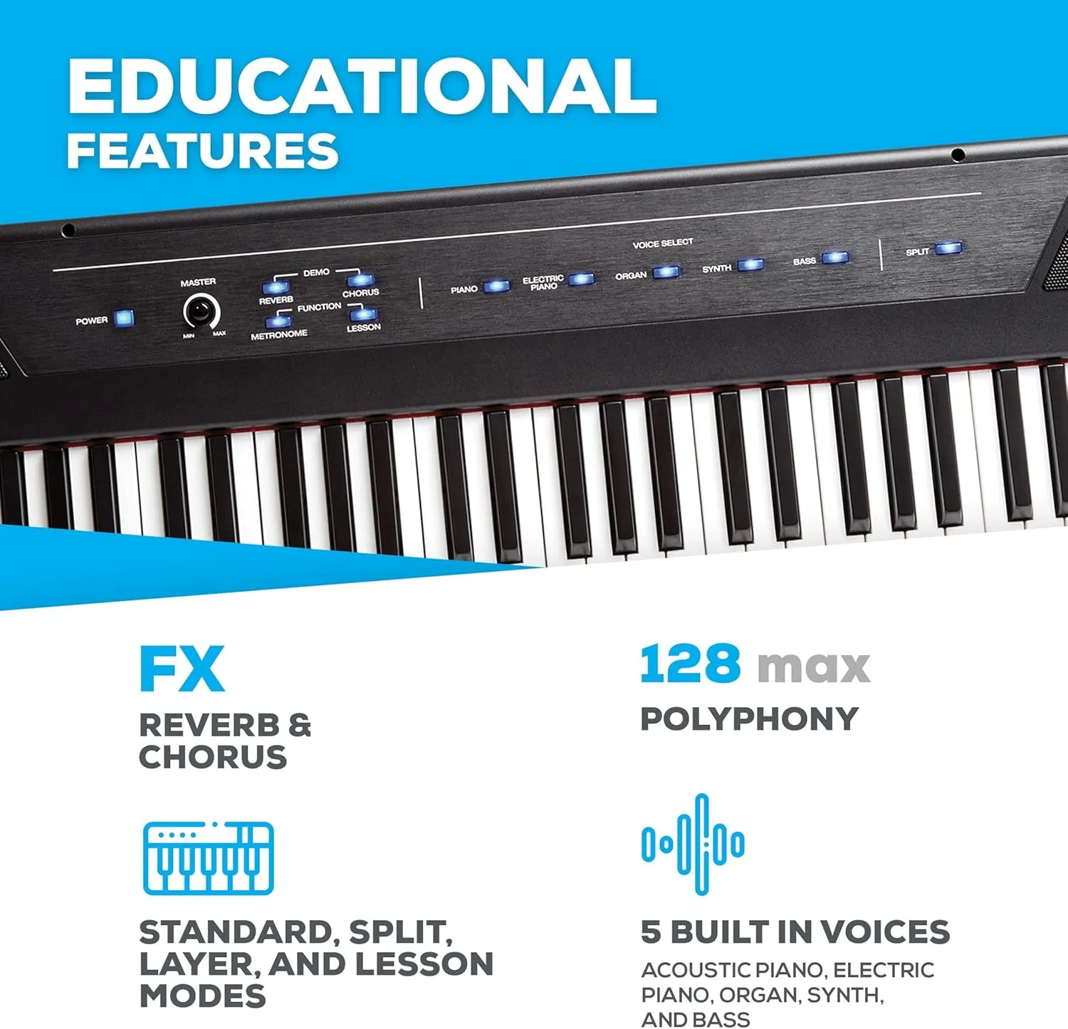 Alesis Recital – 88 Key Digital Piano Keyboard with Semi Weighted Keys, 2x20W Speakers, 5 Voices, Split, Layer and Lesson Mode, FX and Piano Lessons