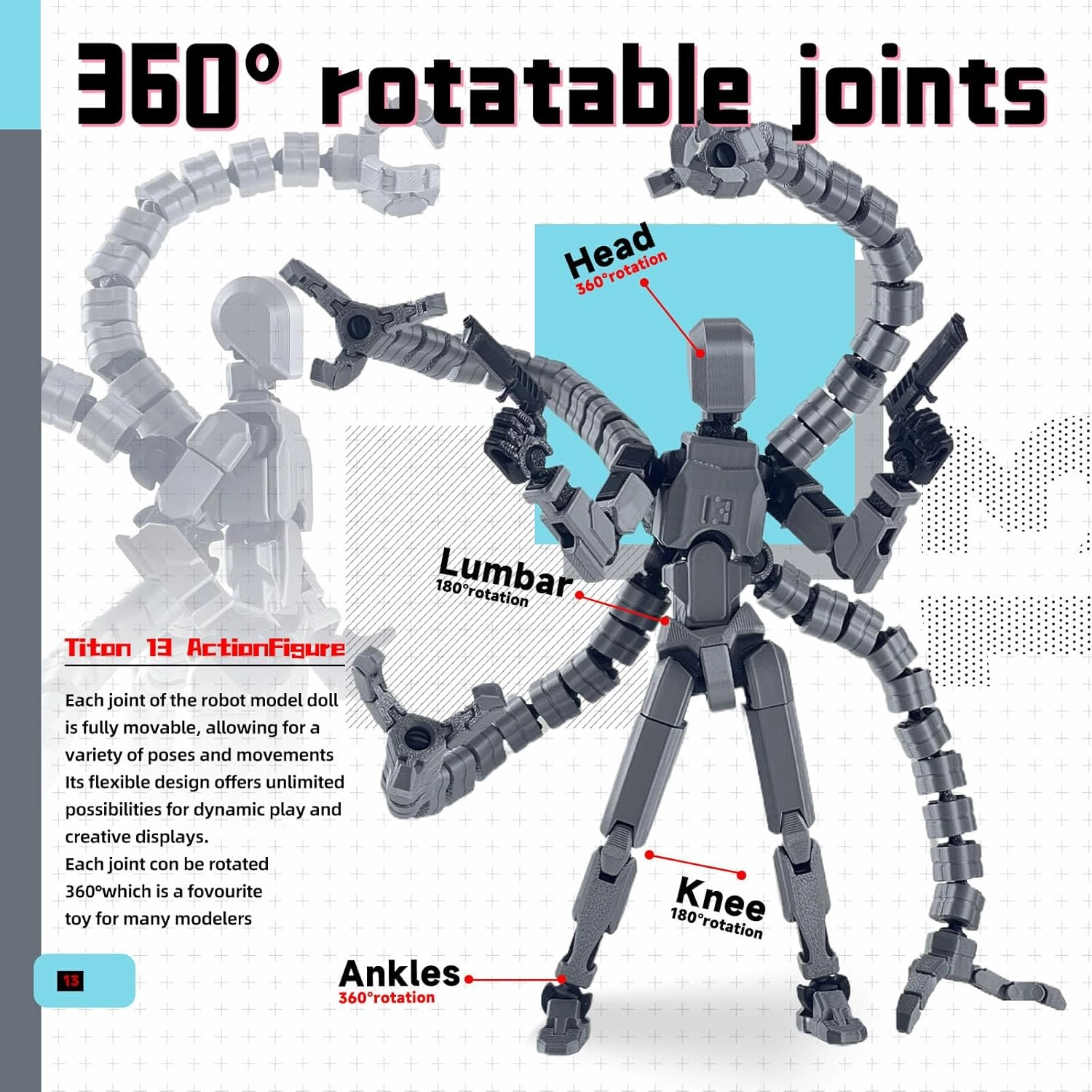 Already Assembled T13 Action Figure Accessories,Dummy 13 T13 Multi-Jointed Movable,for Collectors Desktop Decorations t-13 Movability 3D Printed Toys (7.2 Inch,Grey)