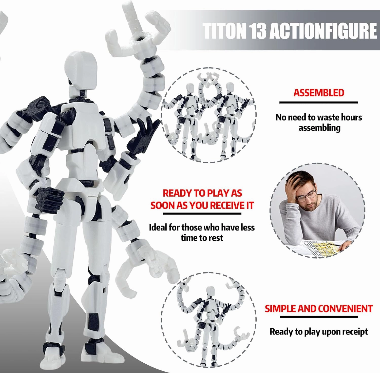 Already Assembled T13 Action Figure Accessories,Dummy 13 T13 Multi-Jointed Movable,for Collectors Desktop Decorations t-13 Movability 3D Printed Toys (White)