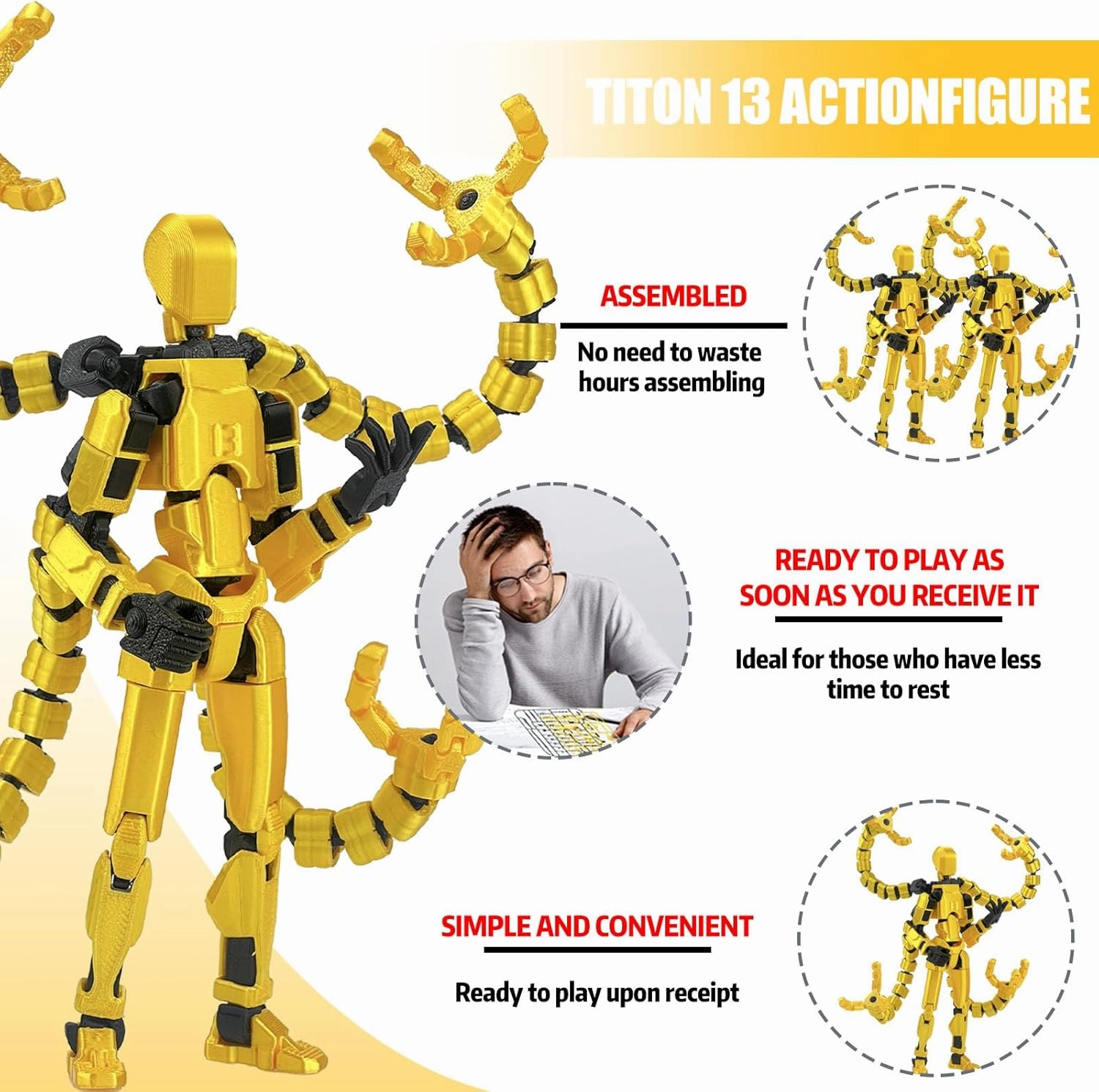 Already Assembled T13 Action Figure Accessories,T13 Multi-Jointed Movable,for Collectors Desktop Decorations t-13 Movability 3D Printed Toys (Golde)