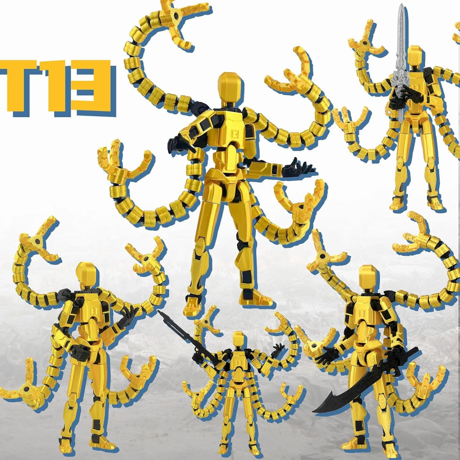 Already Assembled T13 Action Figure Accessories,T13 Multi-Jointed Movable,for Collectors Desktop Decorations t-13 Movability 3D Printed Toys (Golde)