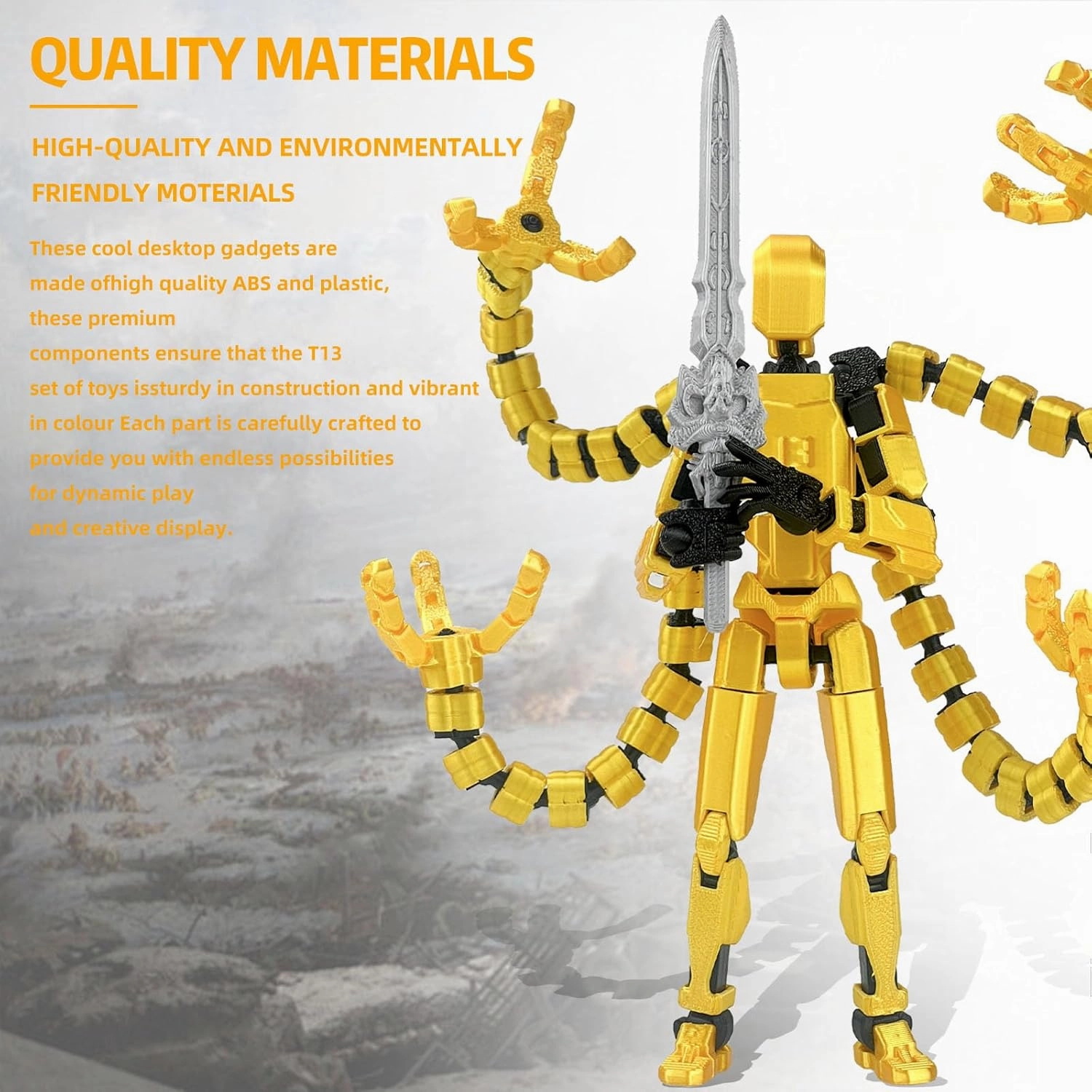 Already Assembled T13 Action Figure Accessories,T13 Multi-Jointed Movable,for Collectors Desktop Decorations t-13 Movability 3D Printed Toys (Golde)