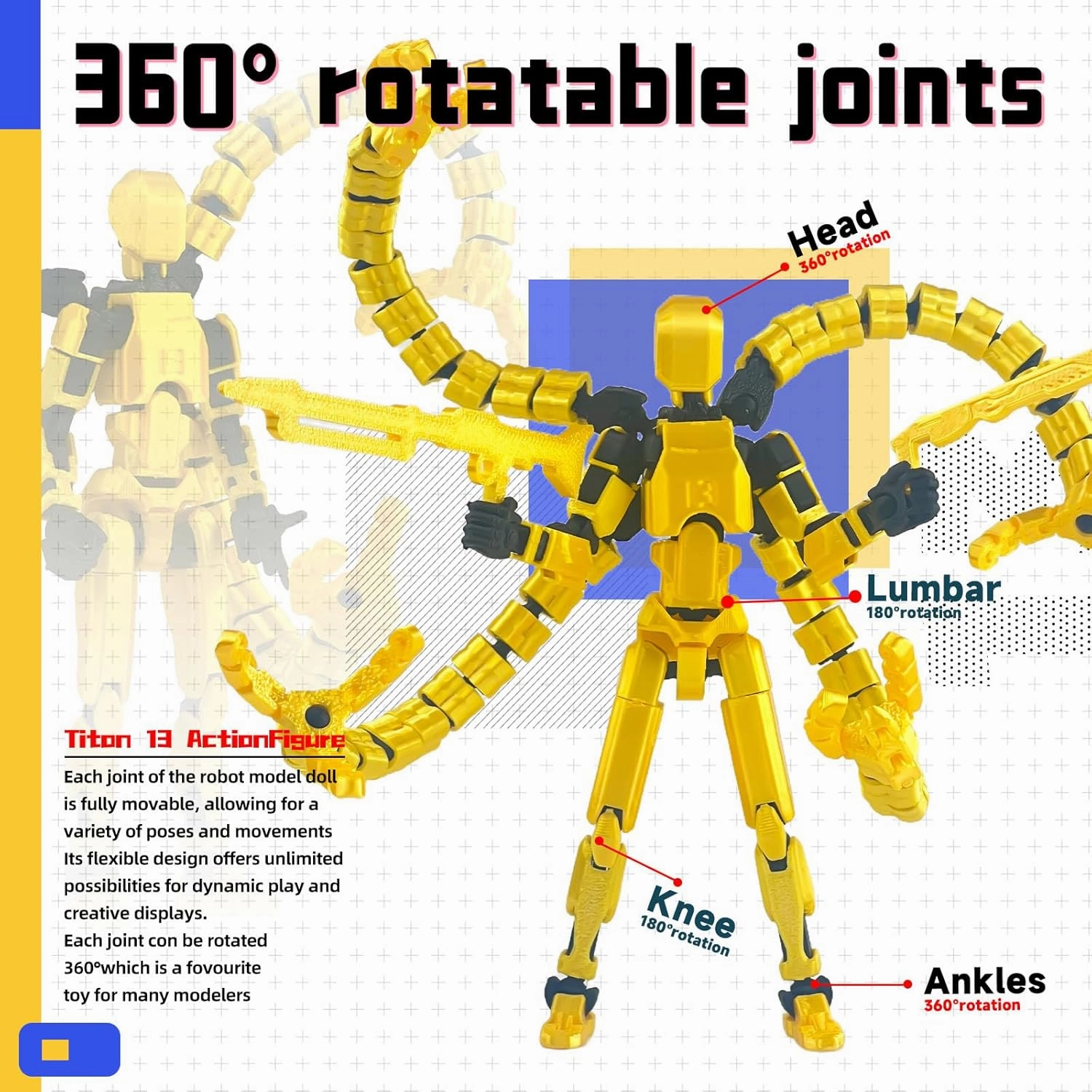 Already Assembled T13 Action Figure Accessories,T13 Multi-Jointed Movable,for Collectors Desktop Decorations t-13 Movability 3D Printed Toys (Golden, 7.2 Inch)