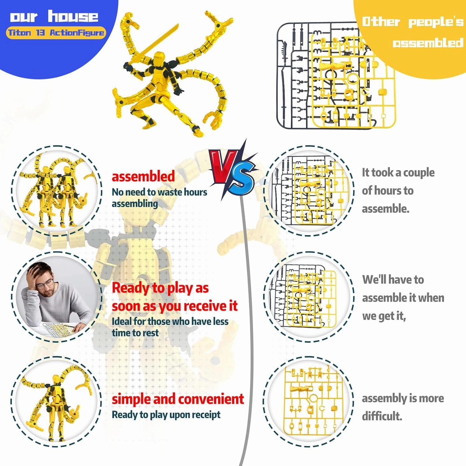 Already Assembled T13 Action Figure Accessories,T13 Multi-Jointed Movable,for Collectors Desktop Decorations t-13 Movability 3D Printed Toys (Golden, 7.2 Inch)