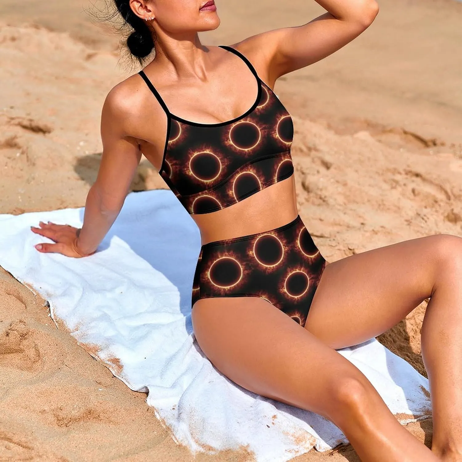 Amazing Solar Eclipse Pattern Women's Two Piece Swimsuit Sexy Bikini Set High Waisted Bathing Suit