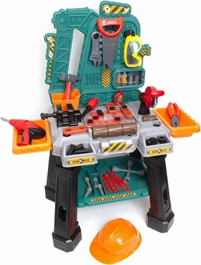 Amazon Basics Kids Workbench Construction Toy Tool Set Playset with 80 Pieces Including Tools, Accessories, Play Helmet & Play Safety Goggles, for Kids Ages 3 and Up, Multicolor, Medium