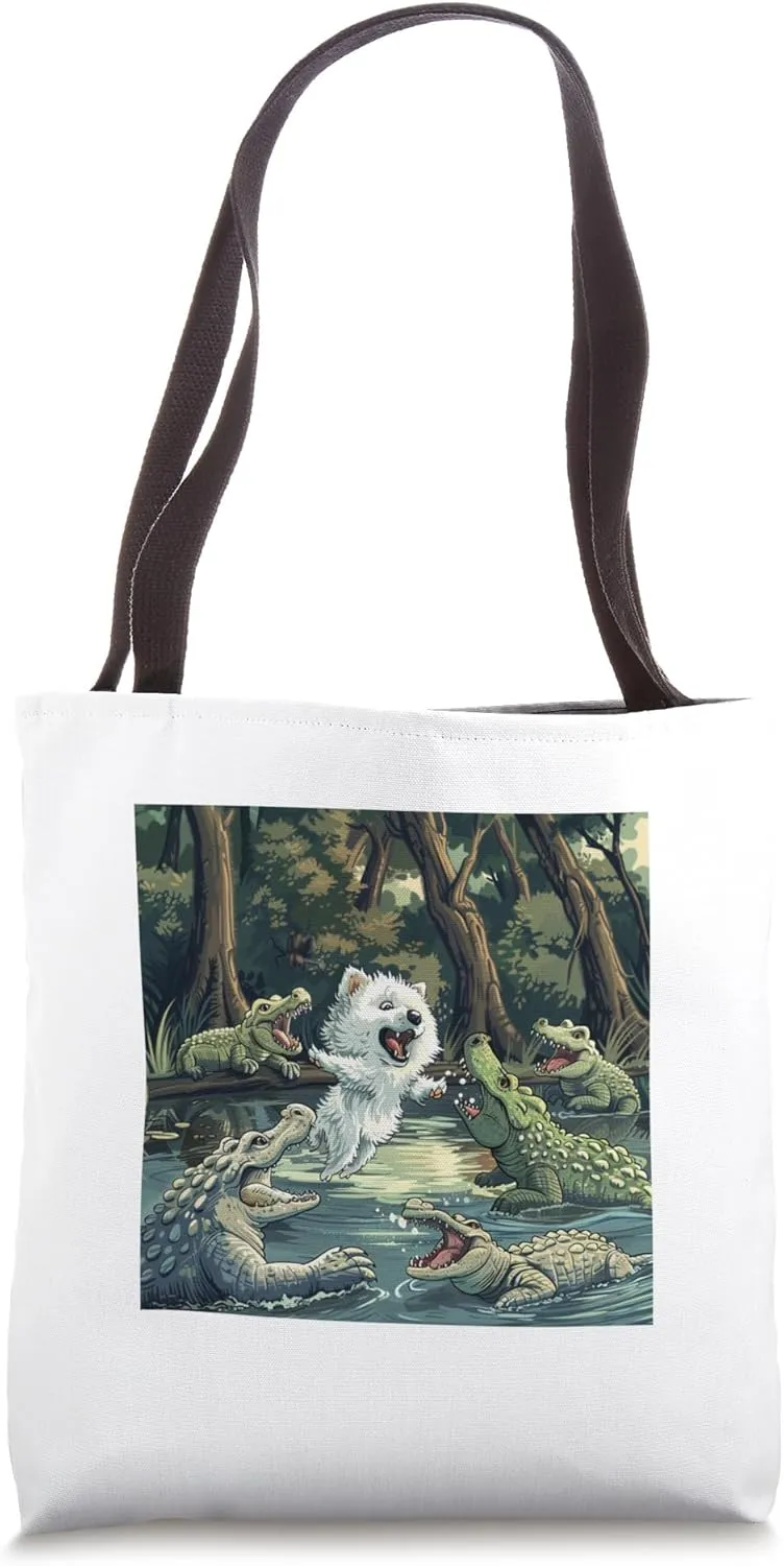 American Eskimo Dog Alligator Fight Puppy Pet Gator Eskie Tote Bag