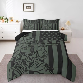 American Flag Comforter Set Twin for Boys Teens Army Green Soldier Silhouettes Bedding Gifts for Him, Vintage Military Theme Bedding Comforters & Sets Retro National Flag Quilt with 1 Pillowcase