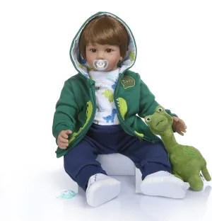 Anano Reborn Toddler Boy Dinosaur Doll, 24 Inch, Green, Realistic Silicone, Includes Dinosaur Plush Toy