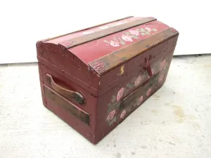 Antique Hand Painted Red Wooden Trunk