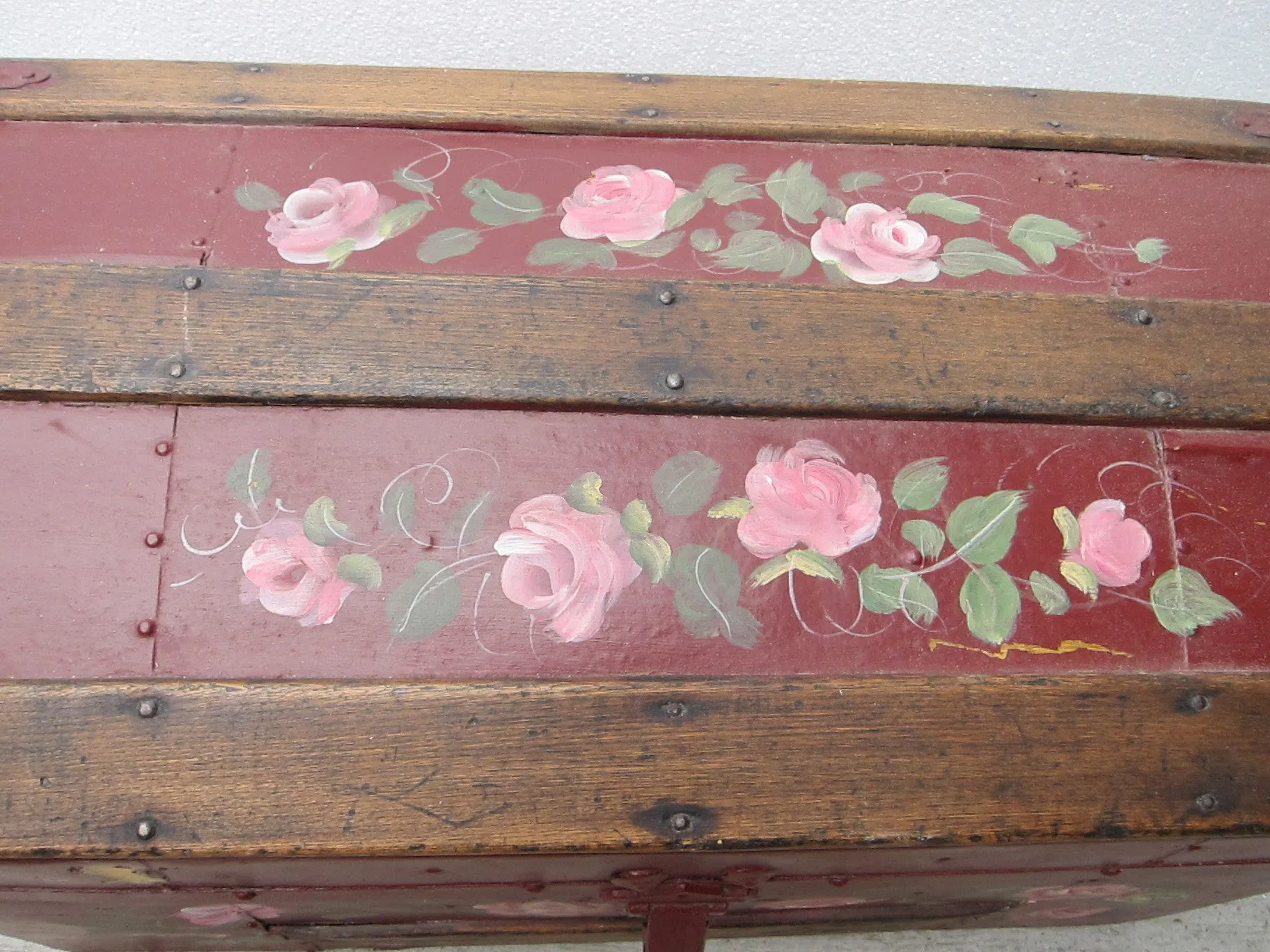 Antique Hand Painted Red Wooden Trunk