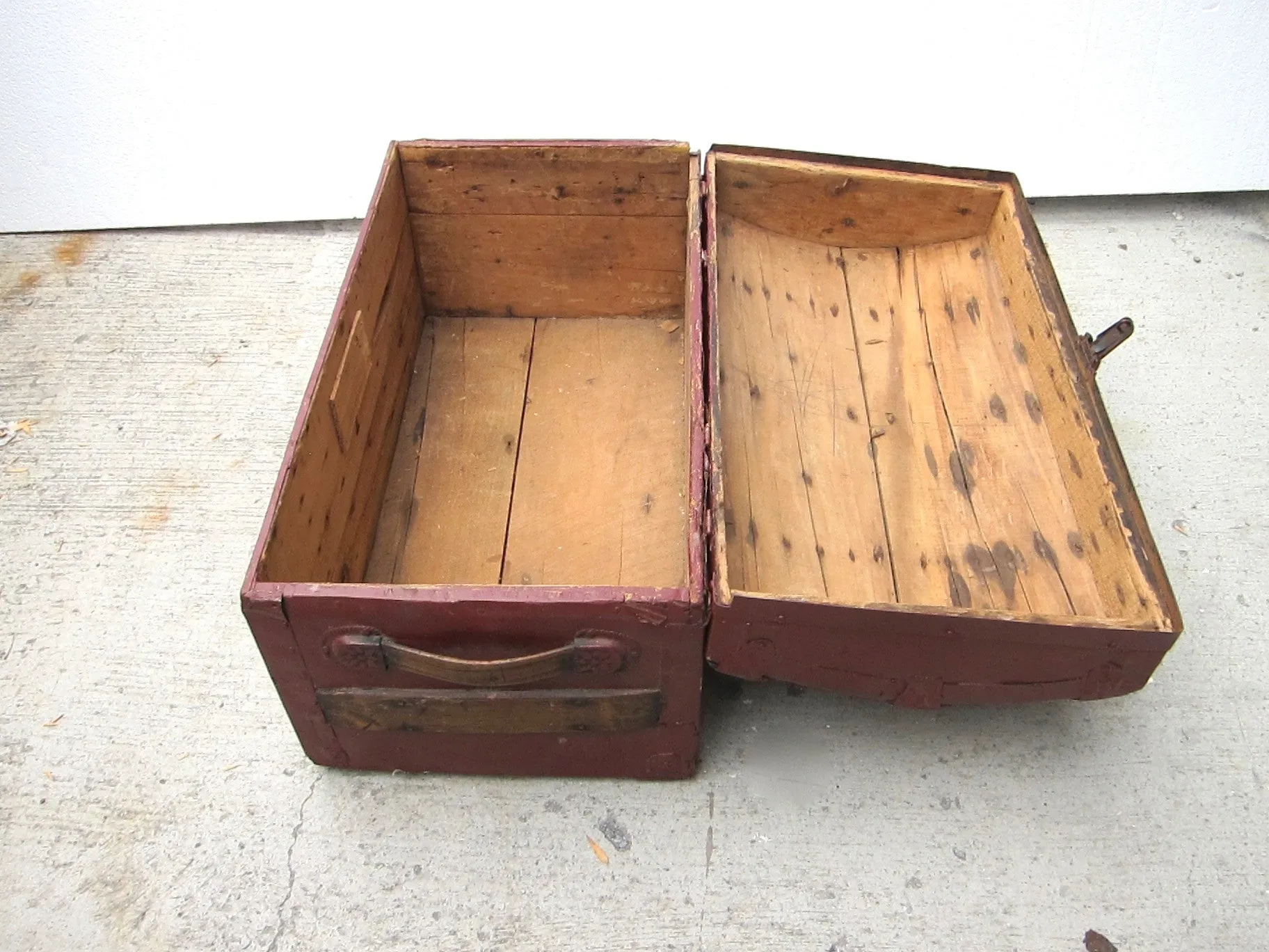 Antique Hand Painted Red Wooden Trunk