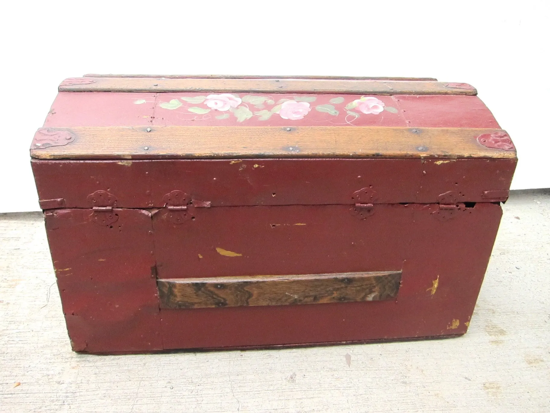 Antique Hand Painted Red Wooden Trunk