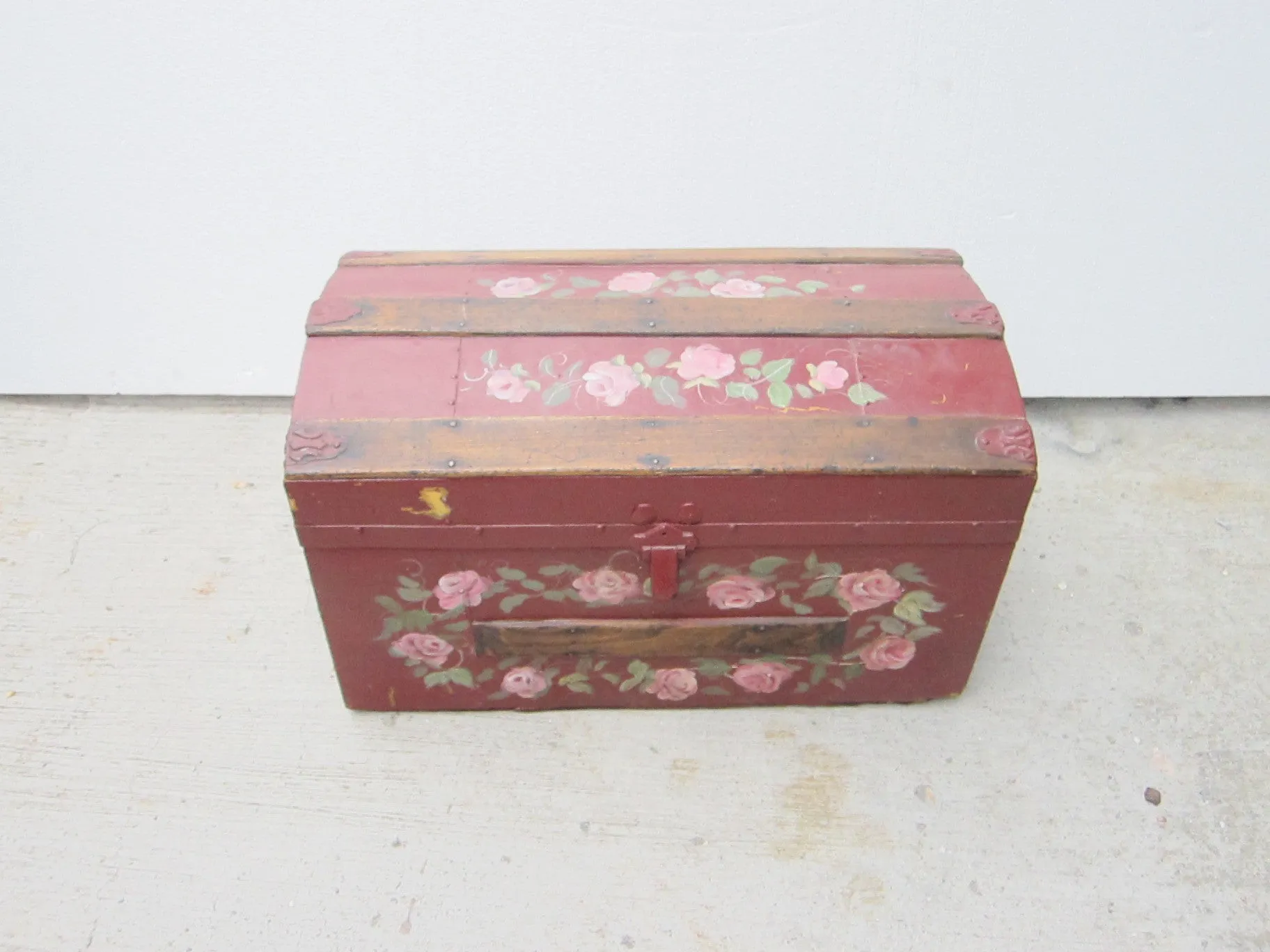 Antique Hand Painted Red Wooden Trunk