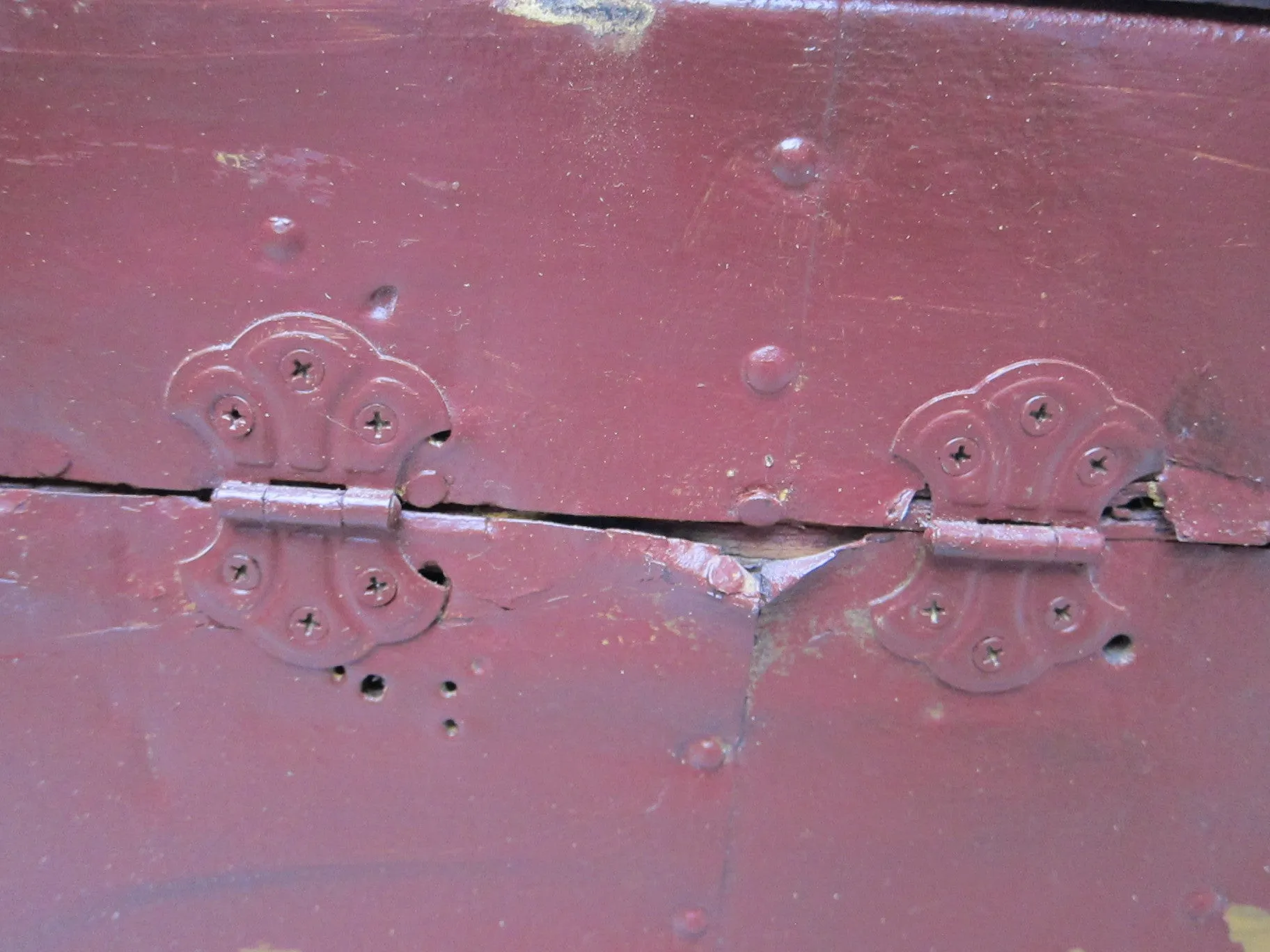Antique Hand Painted Red Wooden Trunk