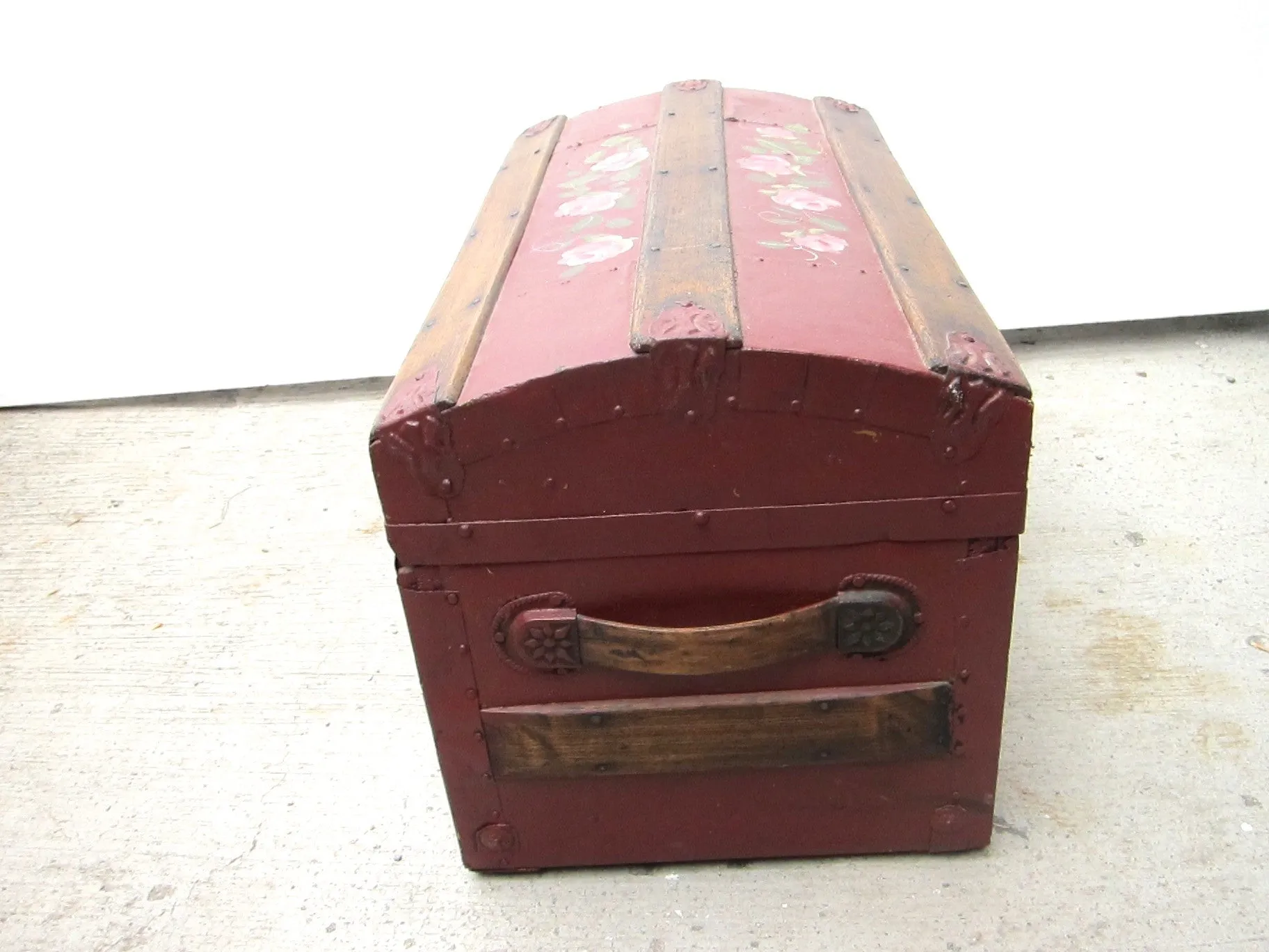 Antique Hand Painted Red Wooden Trunk
