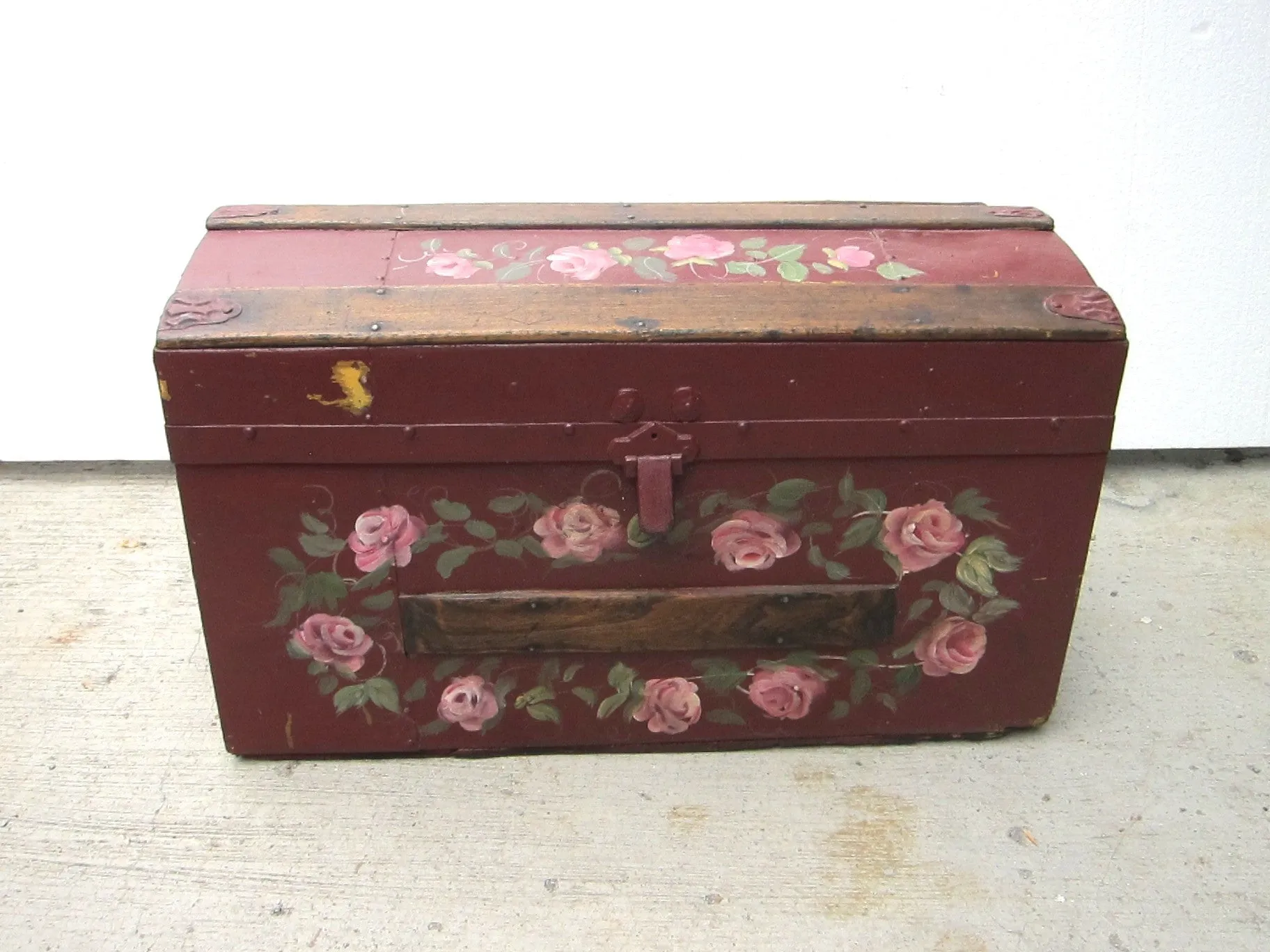 Antique Hand Painted Red Wooden Trunk
