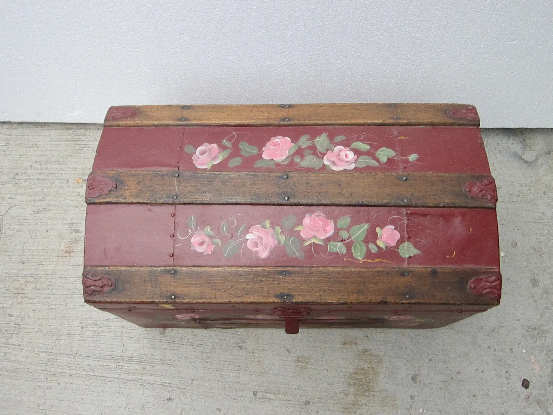 Antique Hand Painted Red Wooden Trunk