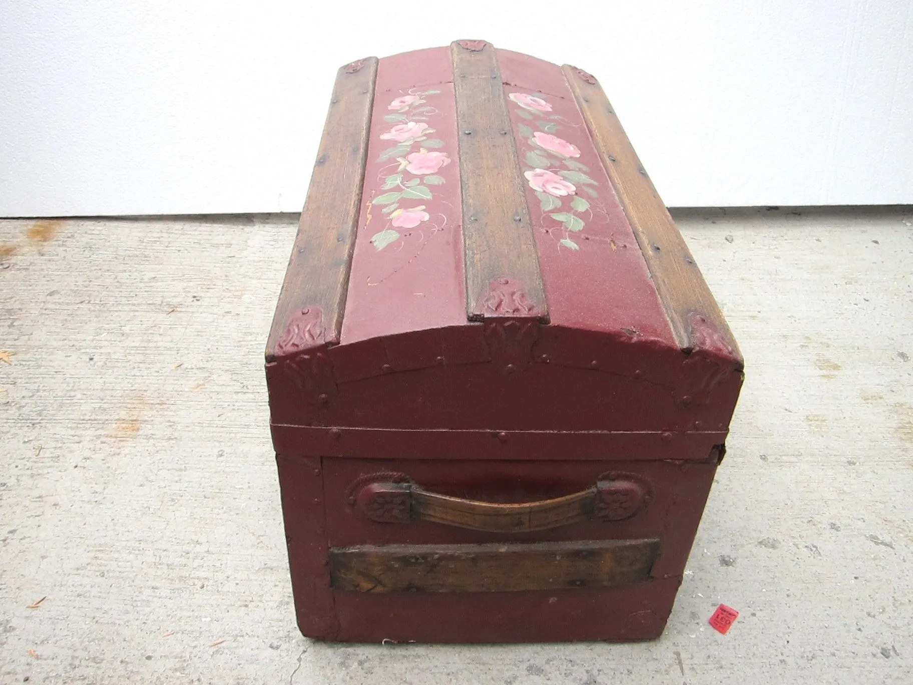 Antique Hand Painted Red Wooden Trunk