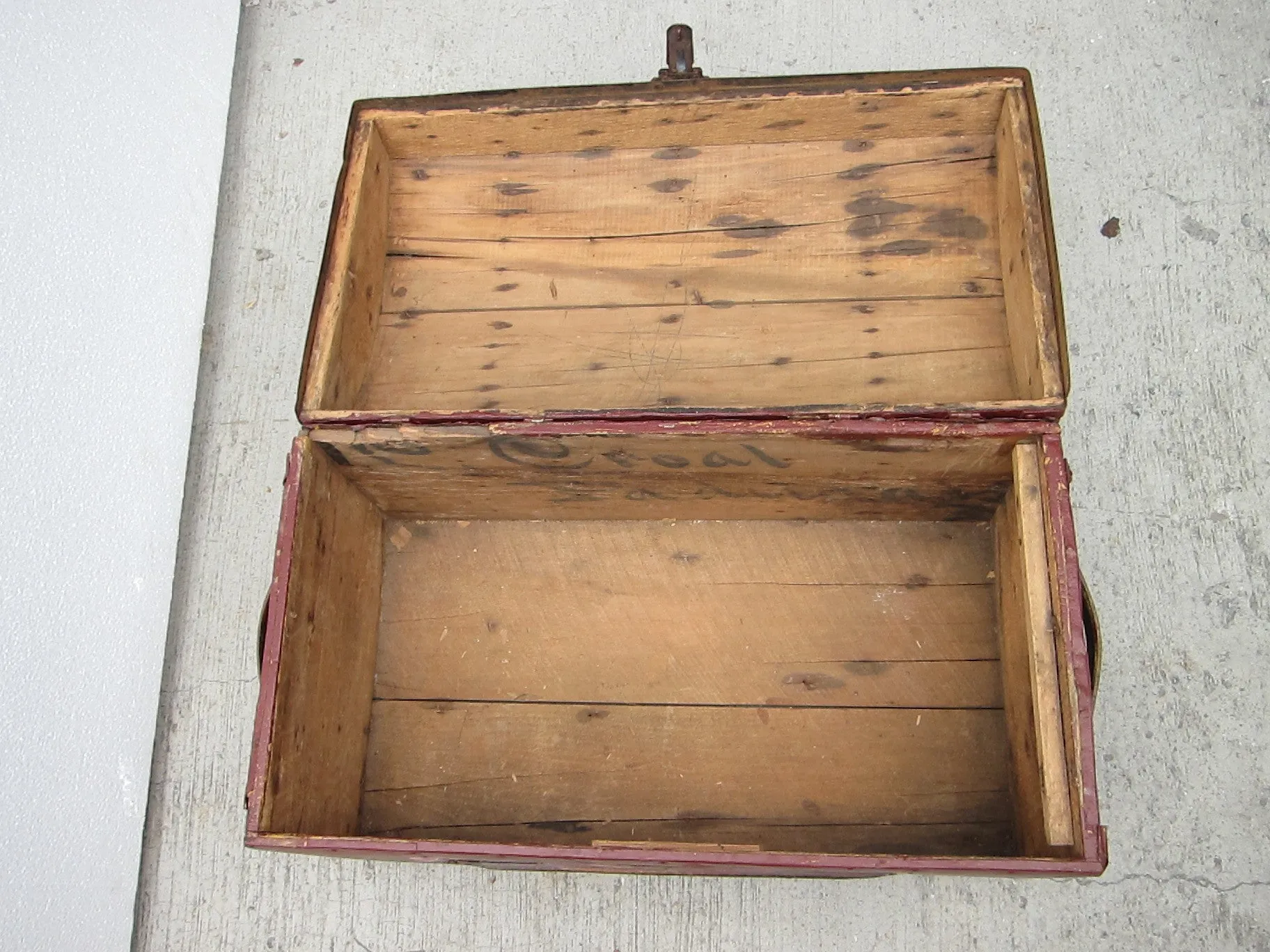 Antique Hand Painted Red Wooden Trunk