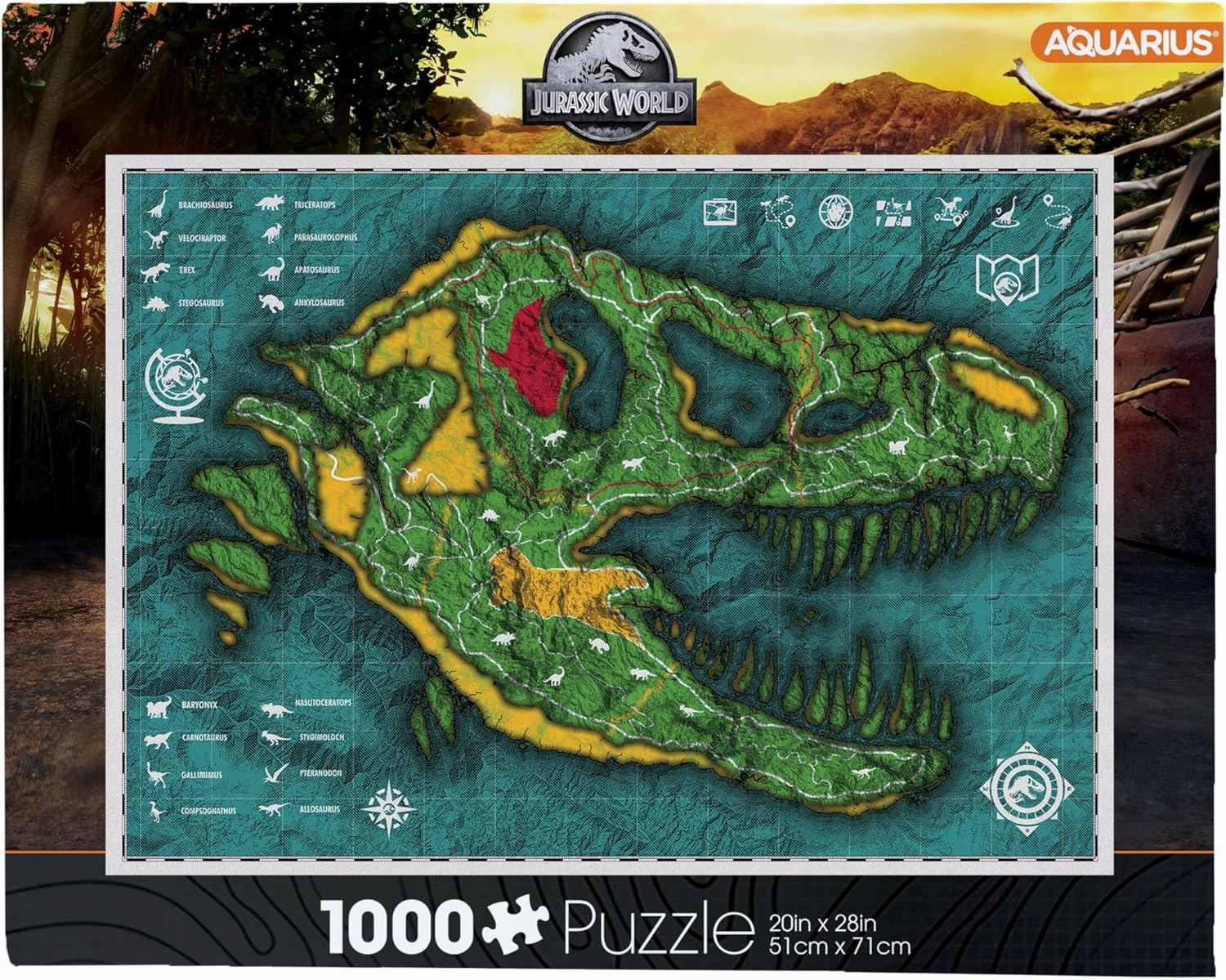 AQUARIUS Jurassic World Map Puzzle (1000 Piece Jigsaw Puzzle) - Officially Licensed Jurassic World Merchandise & Collectibles - Glare Free - Precision Fit, 22'' x 28''