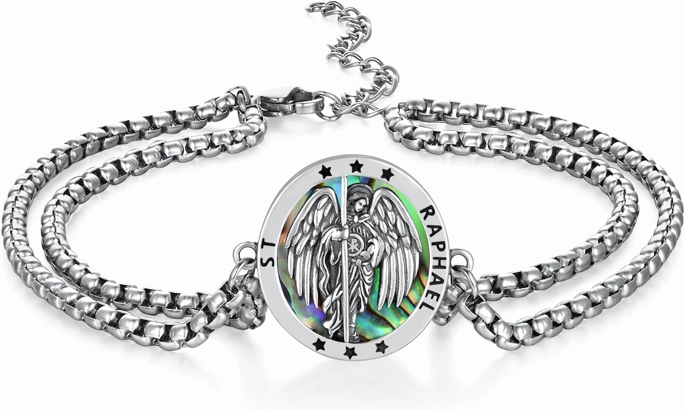 Archangel Raphael/St Christopher/St Benedict Bracelets 925 Sterling Silver Protection Bracelet Protection Medal Jewelry Gift for Men Women