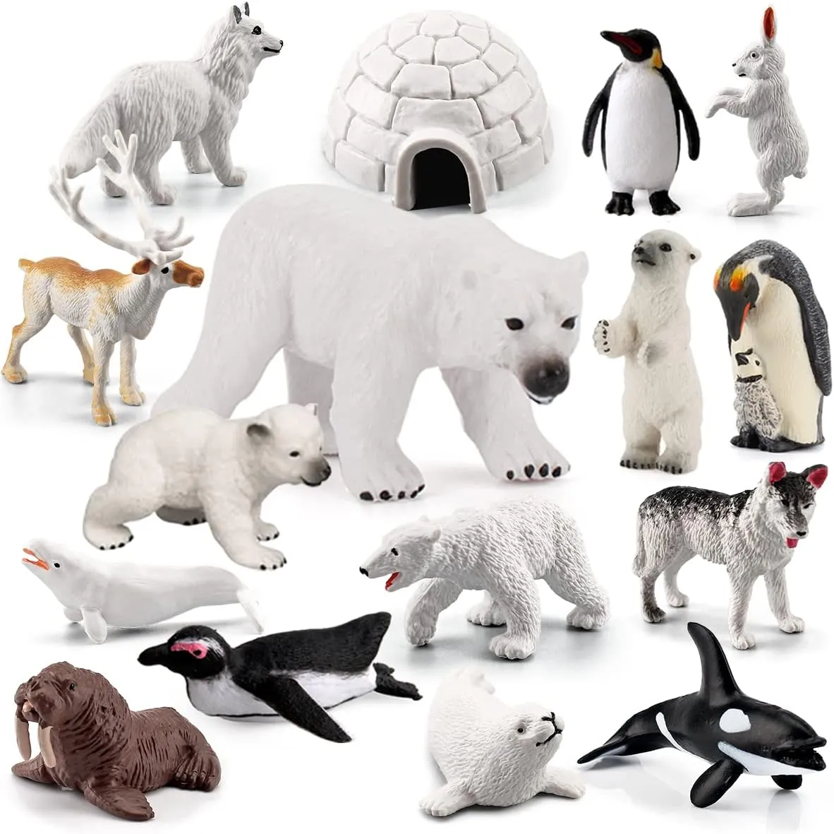 Arctic Animals Figurines Set 16PCS Christmas Toy Gift Polar Bear Figurine Arctic Fox Figure Penguin Figurines Snow Mold for Kids Toddlers Artic Animals Preschool Figures Educational Playset