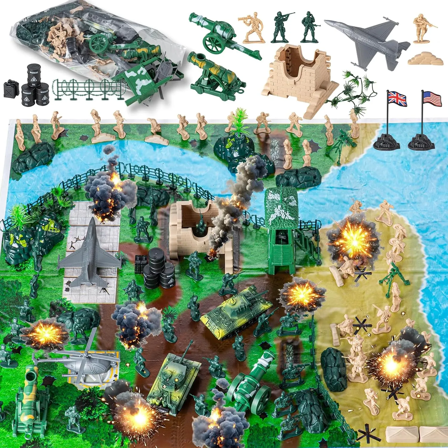 Army Soldier Combat Toy Set – 110-Piece Military Action Figure Playset with Realistic Vehicles (Tank, Helicopter, Fighter Plane) for Kids Ages 3  – Boys and Girls