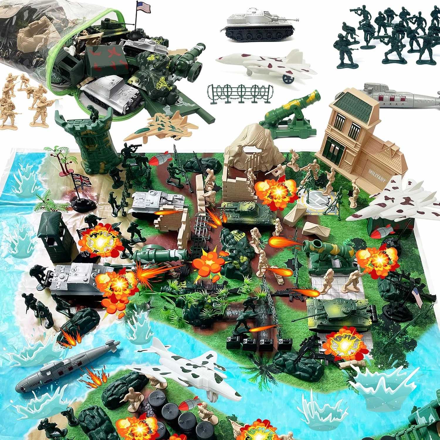 Army Men Toys for Boys, 130 Pcs Kids Military Base Playset, Plastic Action Figures and Accessories with Toy Soldiers, Army Tank, Jets, Walls, Helis, Battlefield Mat and More for Boys Age 6-8 8-12