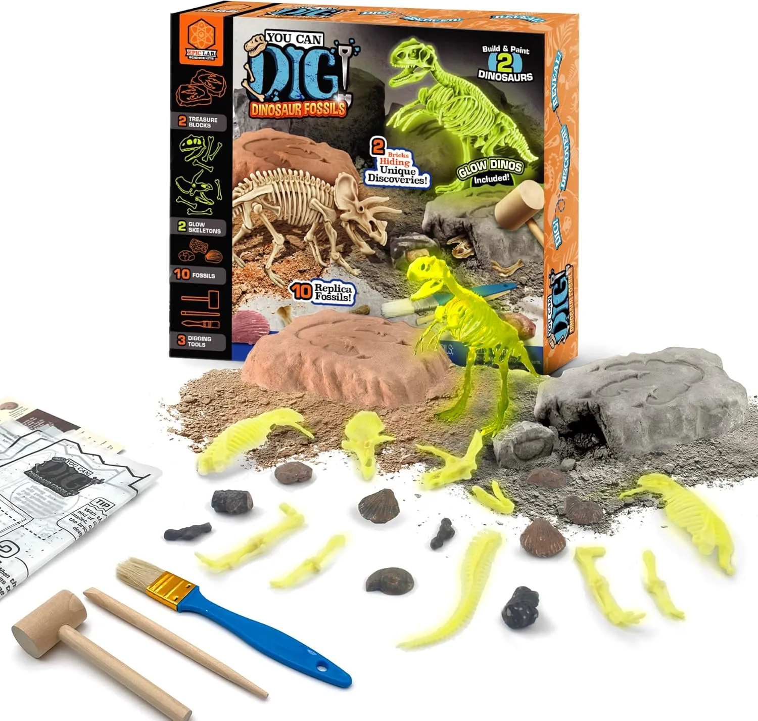 ArtSkills Epic Lab Dinosaur Fossil Digging Kit for Kids, Glow in The Dark Dinosaur Bones for Kids to Dig Up, Gifts for Boys 8-12