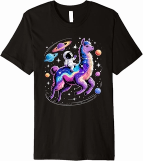 Astronaut Riding Llama Space Stars Galaxy Planets Llamas Premium T-Shirt