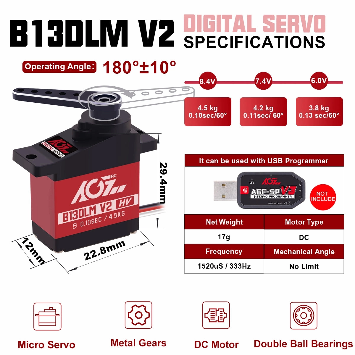 B13DLM V2 AGFRC 4.5KG Upgraded High Voltage High Torque 17g Micro Digital Brushed