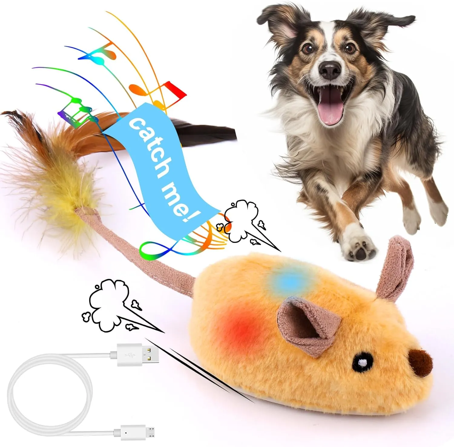 BABORUI Interactive Escaping Mice Squeaky Toys with Lights & Auto-Turn, Rechargeable Moving Toys for Small/Medium/Large Dogs & Cats (Yellow)