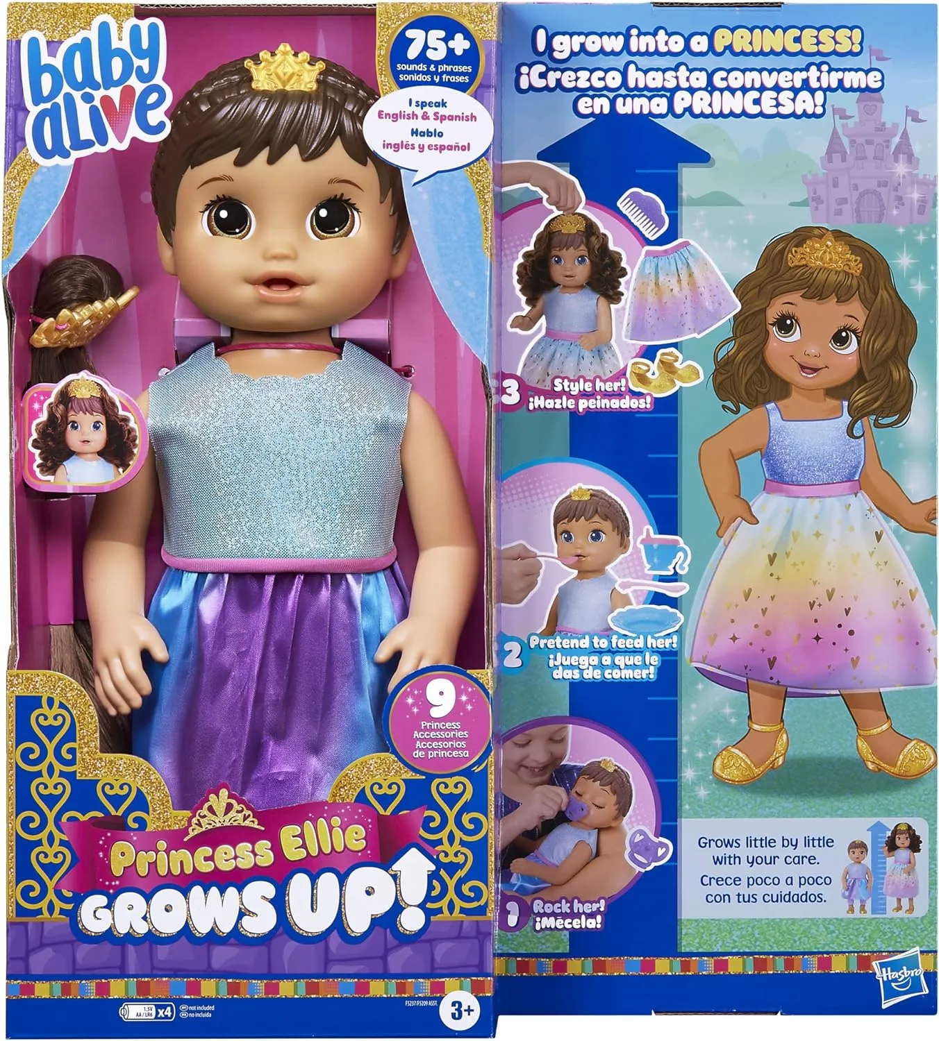 Baby Alive Princess Ellie Grows Up! Brown Hair, Interactive Doll with Accessories, Toys for 3  Years Old Girls and Boys, 18-Inch