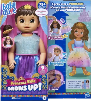 Baby Alive Princess Ellie Grows Up! Brown Hair, Interactive Doll with Accessories, Toys for 3  Years Old Girls and Boys, 18-Inch